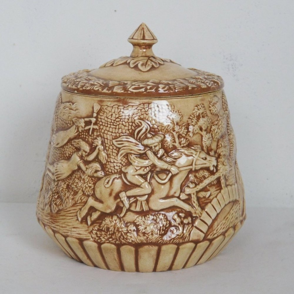 Handpainted Art Pottery Ceramic Jar Lid Tavern Scene Horse Rider Brown Detailed